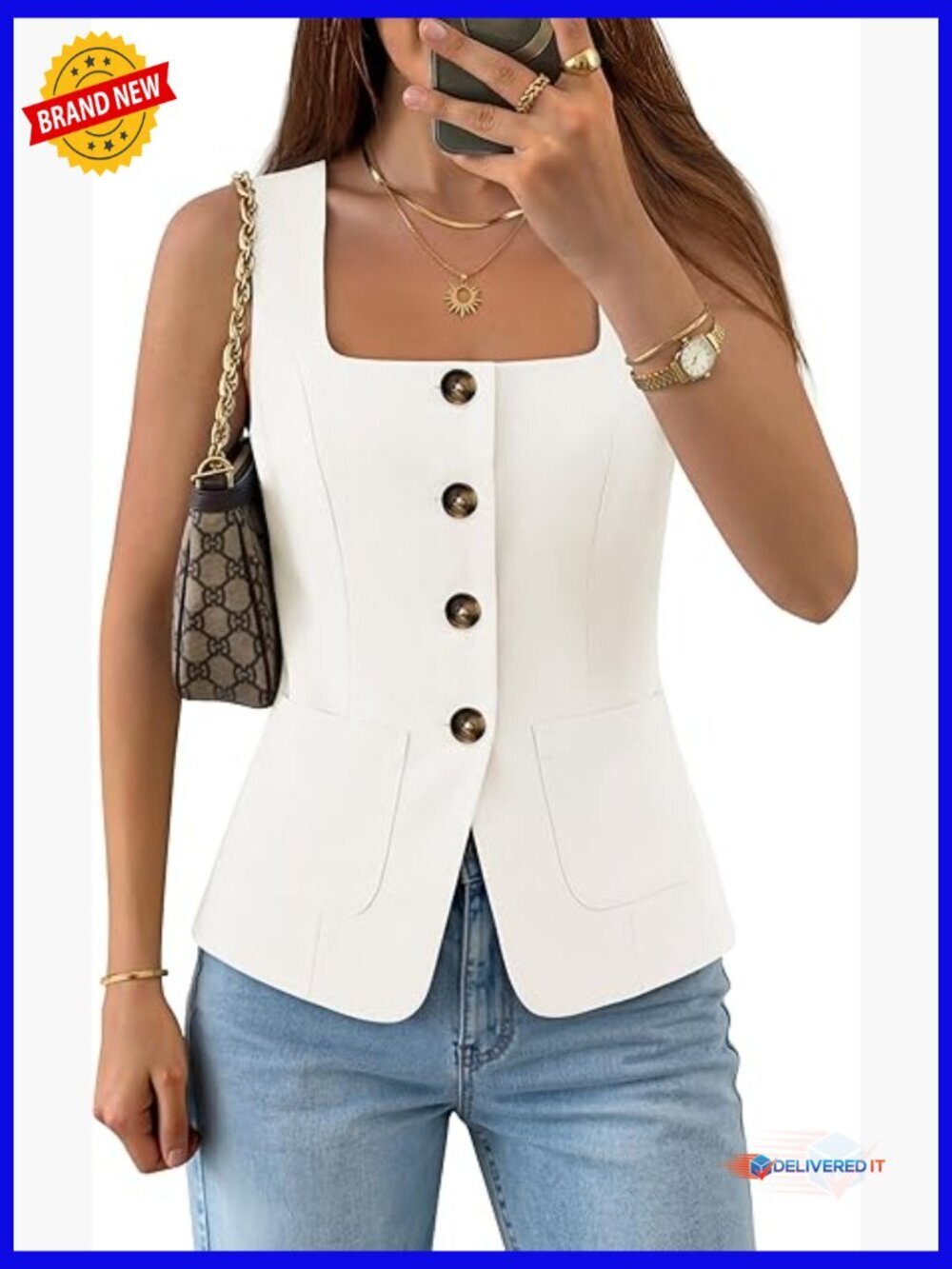 Square Neck Sleeveless Suit Vest Button Down Work Blazer Top